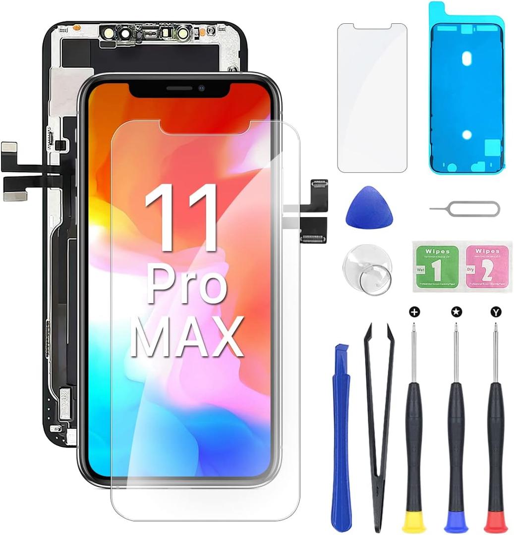 for iPhone 11 Pro Max Screen Replacement HD 6.5" LCD Display and 3D Touch Digitizer Assembly with Repair Tools, Waterproof Tape, Screen Protector, and True Tone for A2161, A2220, A2218