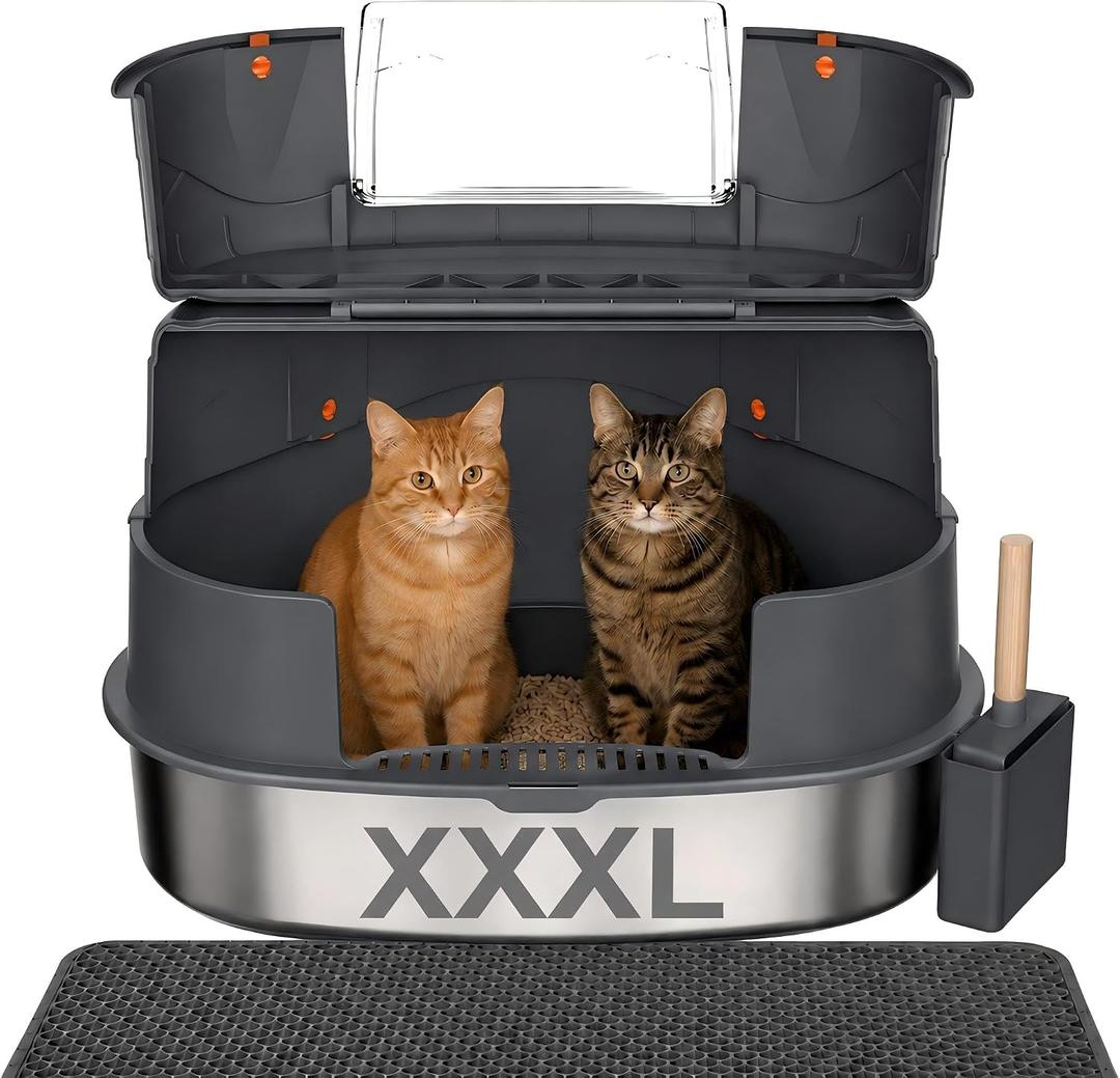 Gimars XXXL Stainless Steel Enclosed Corner Cat Litter Box with Lid, Triangle Design 27" x 20" x 17", High Sided Metal Enclosure for Large Cats, Space Saving Odor Control System