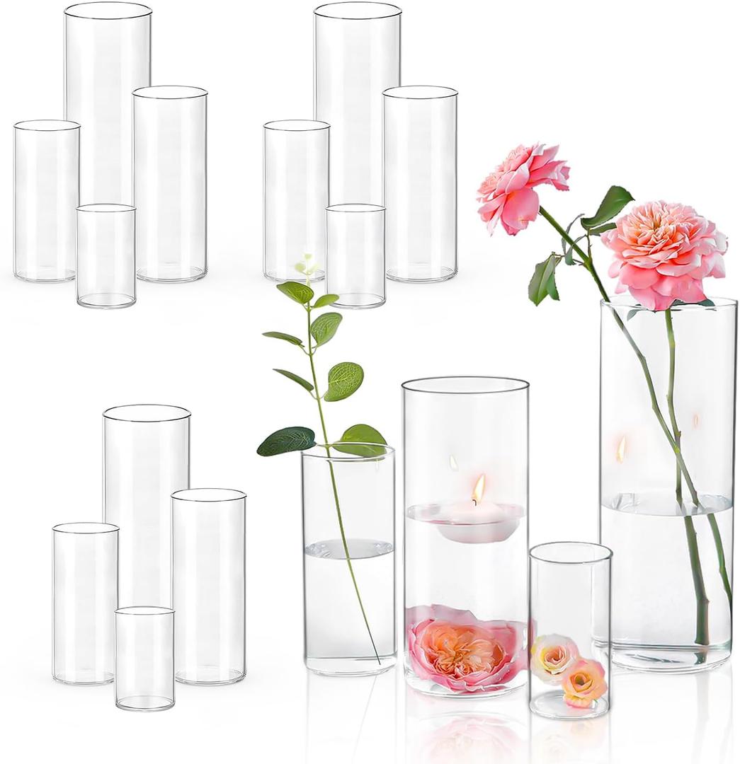 16 PCS Clear Cylinder Vases for Centerpieces | 4, 6, 8,10 Inch Tall Flower Vase for Wedding Decorations, Clear Floating Candle Vases in Bulk, Hurricane Candle Holdersfor Table, Home Dcor