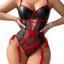 Sexy Strappy Lace Up Underwire Sheer Leather Garter Belt Teddy Bodysuit Lingerie Top 2 Piece Set (Medium, Black Red)