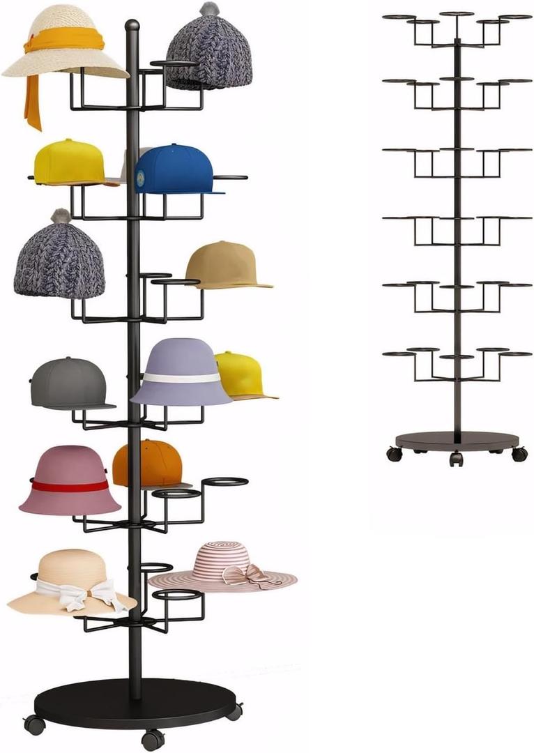Standing Hat Rack Stand, Cowboy Hat Rack with 30 Hooks, 6 Tier Metal Hat Organizer Rack, Floor Hat Display Rack for Home Store Vendors(Black,6 Tier)