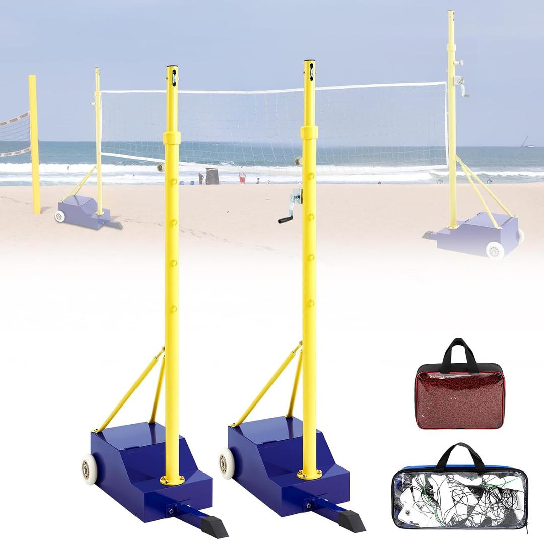 Volleyball Poles for Backyard with Volleyball Net/Badminton Net Indoor Outdoor Heavy Duty Badminton Poles Adjustable 4 Heights of 5ft-6.8ft with Wheels and Net for Adults Stadium Garden