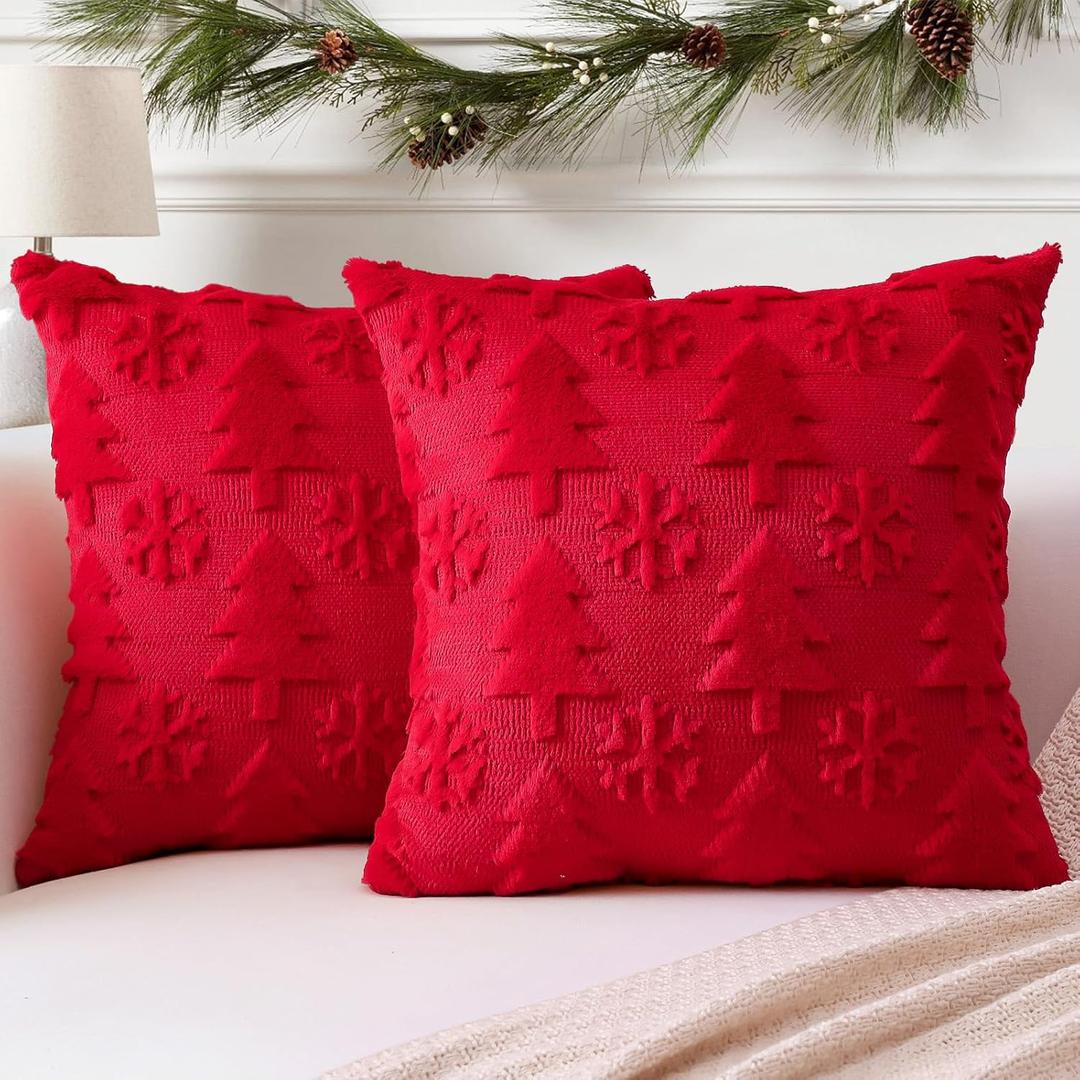 OTOSTAR Set of 2 Xmas Soft Plush Short Wool Velvet Decorative Throw Pillow Covers Square Luxury Style Cushion Case Pillow Shell for Sofa Bedroom Tree and Snowflake Red, 24x24 Inch