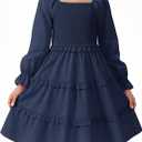 JiAmy Girls Dress Fall Puff Long Sleeve Square Neck Smocked Shirred Tiered Ruffle Flared Party Dresses (9-10 Years, Navy Blue)