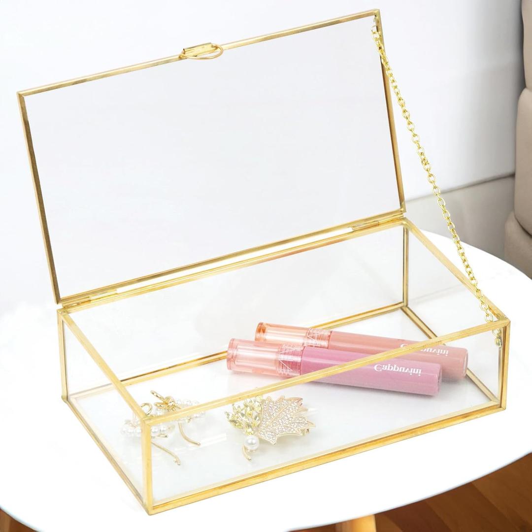 Clear Glass Decorative Box for Organizing Photos, Jewelry, Small Items - Golden Dresser Drawer Organizer, Transparant Small Storage Bin Container with Lid (Upgrade, 8x4,3x2,3")