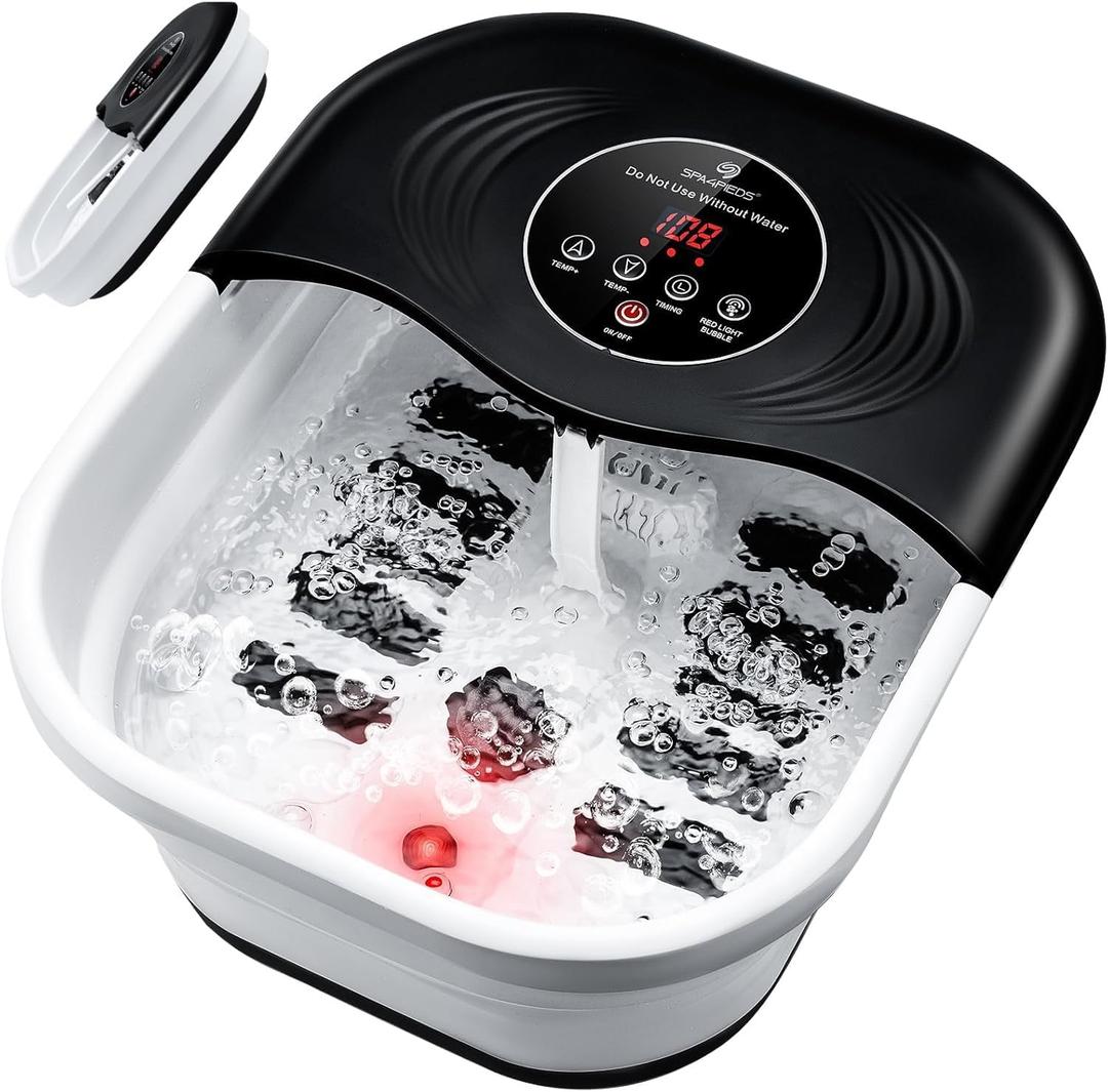 Collapsible Foot Spa with Heat, Bubble, Red Light & Temp Control - Foot Bath Massager with 8 Shiatsu Massage Rollers, Pumice Stone & Timer, Soaking Tub for Relaxation & Pain Relief - Gifts Ideas (Dark Black)