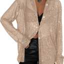 AMPOSSTO Womens Sequins Long Sleeve Collared Shirt Button Down Open Front Shirt Loose Blouses Shirst Tops (M)