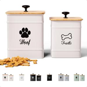 Dog Treat Container Airtight Set of 2 - 8x6 & 7x5 inch Iron Dog Treat Jars for Kitchen Counter with Airtight Bamboo Lids - 20 Cup Capacity Pet Treat Container Set - Doggie Cookie Jar - Treats Canister
