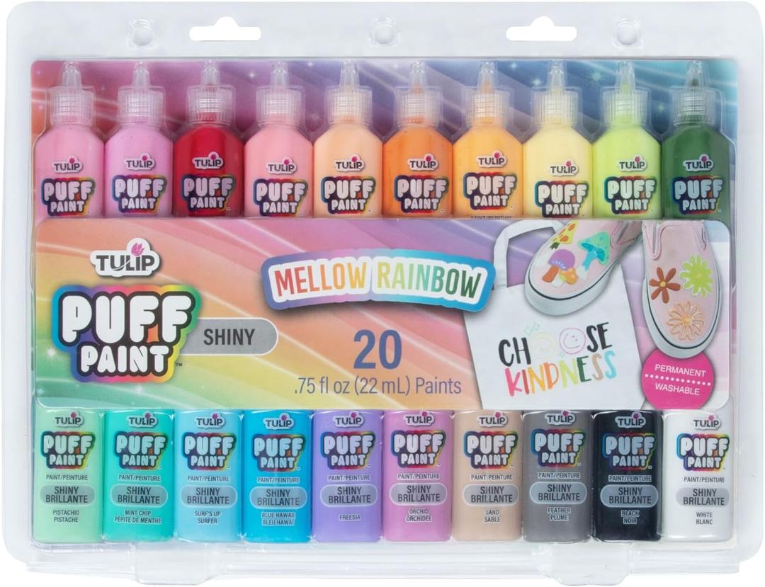 Tulip Puff Paint 20-Color Party Pack, Multi-Surface, Premium Quality, Nontoxic & Waterproof Craft Paint, Permanent on Fabric, Mellow Rainbow