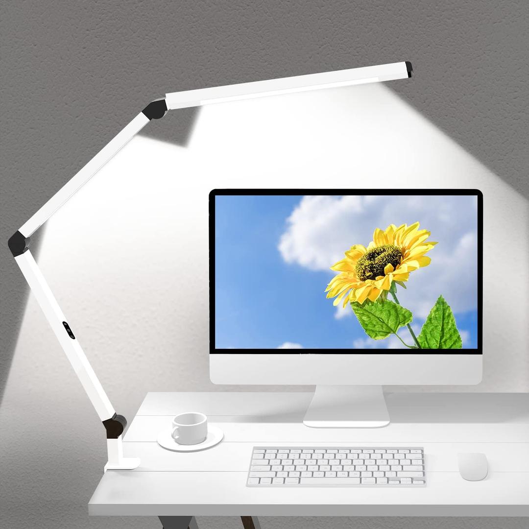 Micomlan LED Desk Lamp with Clamp, Dual Light Table Lamp with Adjustable Swing Arm, Eye-Care 4 CCT Modes & 5 Brightness Levels Clip-on Architect Modern Desk Light for Home Office Crafting Sewing (White+Touch)