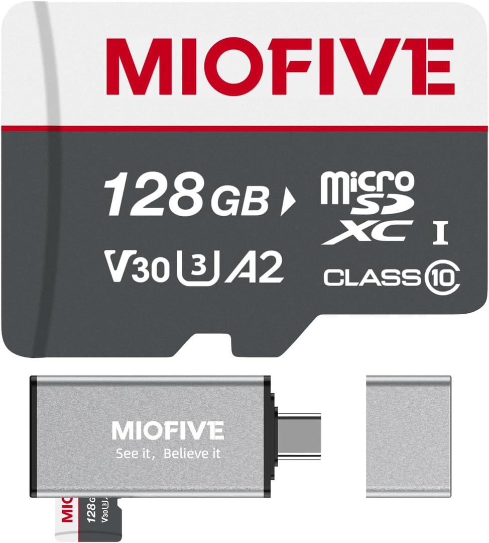 Miofive Memory Card - Ultimate Micro SD Card with USB 3.0 Type-C Card Reader 170MB/s, C10, U3, A2, V30, 4K for Dash Cams, Android Smartphones, Tablets, and Gaming Devices (128GB)