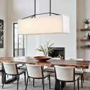 Dining Room Light Fixture Black Chandelier for Entryway 7-Light Large Linear Rectangle Island Lighting White Fabric Kitchen Pendant Light for Kitchen Bedroom Foyer Living Room, D9073L-7-B+F1