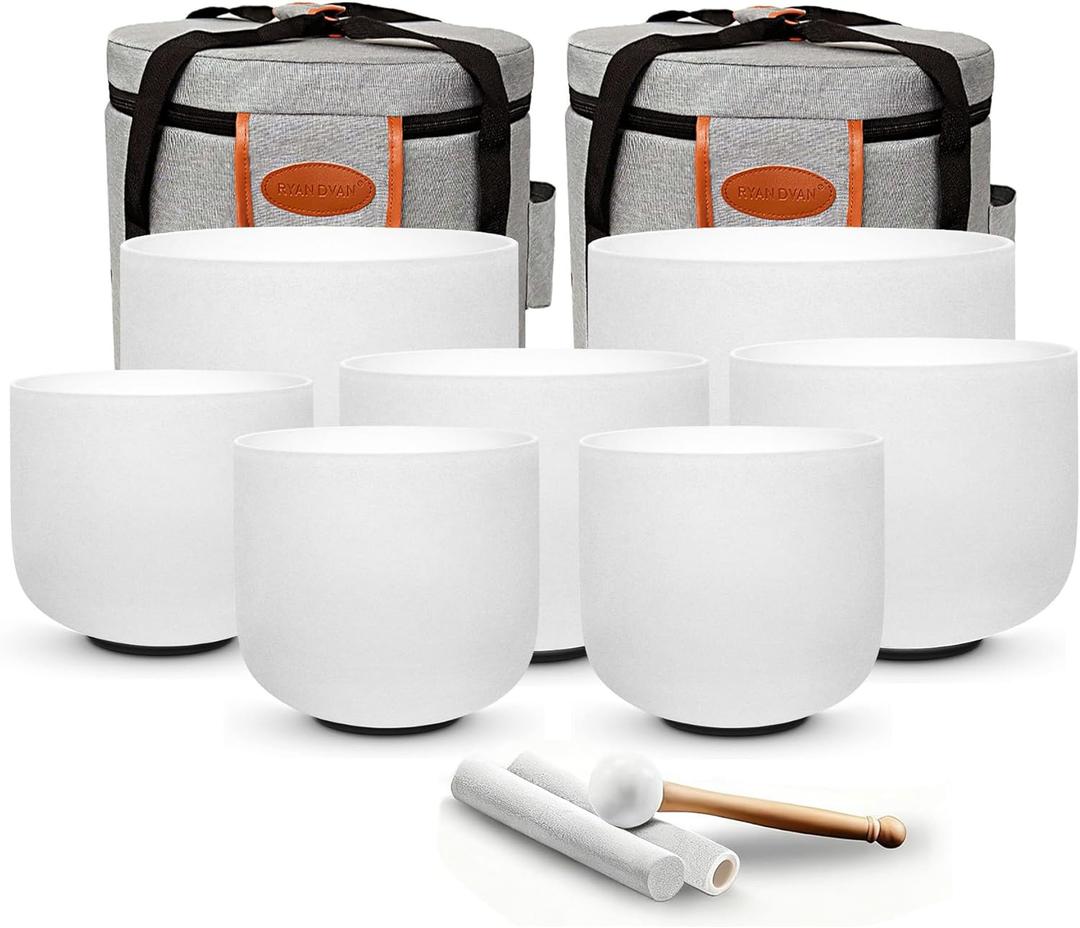RYAN DVAN 432Hz 7-12 inch Crystal Singing Bowl Set of 7 with Free Carrying Case, Frosted Quartz Sound Bowls for Healing, Meditation,Yoga,Sound Therapy,Mindfulness,Relaxation & Stress Relief (White)