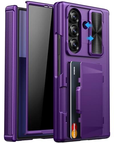 SIXBOX for Samsung Z Fold 7 Wallet Case with Privacy Screen Protector, Hinge Protection & Slide Camera Lens Cover & Card Holder, Full Body Protective Hard Phone Case for Samsung Z Fold 7, Purple