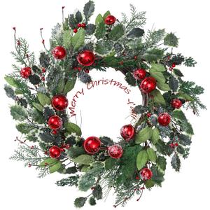 YNYLCHMX 20 Inch Winter Wreath for Front Door, Winter Wreaths with Pine Needles Holly Red Bells, Artificial Door Snowy Wreaths for Outdoor Indoor Reef Farmhouse Windows Wall Holiday Decoration (Red Balls&green Leaves)