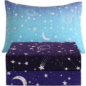JSD Gradient Blue Moon Stars Kids Sheet Set Twin Size, 3 Piece Space Theme Microfiber Sheets Deep Pocket