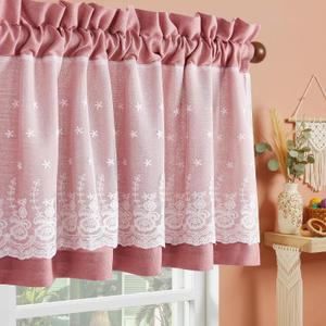 PONY DANCE Linen Kitchen Valance for Windows 18 Inch Long, Rod Pocket Lace Double Layer Valance Living Room Laundry Light Filtering Rustic Cottagecore Farmhouse Window Treatment, 1 Panel, Dusty Pink