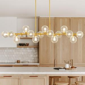 55" Linear Chandelier Swirled Glass Gold Sputnik Chandelier, Long Modern Chandeliers for Dining Room 16-Light Electroplated Brass Large Chandelier Bubble Dining Room Light Fixture Linear Island Lights