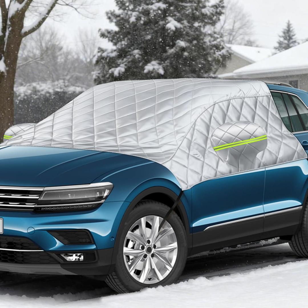 6 Layers Windshield Snow Cover Universal Full-Size SUV/Minivan Protection Hail & Snow Shield | Scratch-Free Hooks + Reflective Strips + Mirror Covers