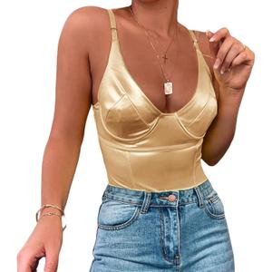 Velius Women's Sexy Metallic Shiny Bodysuit Tank Tops for Night Club Going Out (Large, Gold)