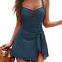 Zilcremo Swim Dress for Women Tummy Control One Piece Swimsuit Wrap Swimdress Square Neck Skirted Bathing Suit Swimwear (Blue, M)