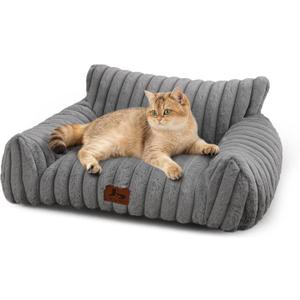 Cat Couch for Pets, Cute Cat Bed with Cozy Soft Faux Rabbit Fur for Kitten, Fuzzy Cats Sofa for Indoor Cats, Supportive Pet Sofa with Removable Washable Cover, Light Gray, 24"