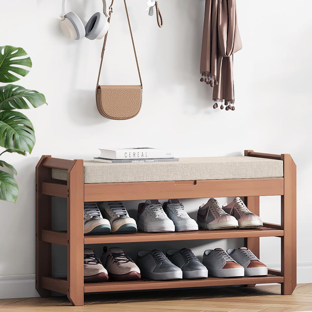 27.6" Bamboo Shoe Bench with Cushion, 2-Tier Storage Bench for Entryway, Heavy Duty Shoe Rack Organizer with Removable Soft Cushion for Living Room Bedroom Hallway