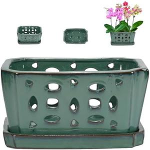 W&W Orchid Pot with Holes and Saucer for Repotting, Green, 9.7 Inches