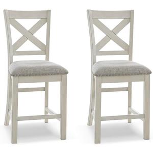 Signature Design by Ashley Robbinsdale Farmhouse Upholstered Barstool, Set of 2, X-Back, Nailhead Trim, Wood, 24.75" H, White & Light Gray