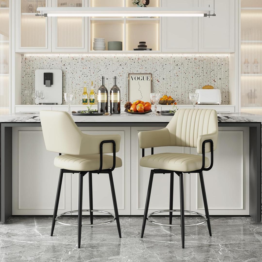 Swivel Bar Stools Set of 2, 24 Inch Counter Height Bar Stool with Backrest, Modern Faux Leather Upholstered Bar Stools for Home Bars, Kitchen Islands, Dining Rooms (White, 24 inch)