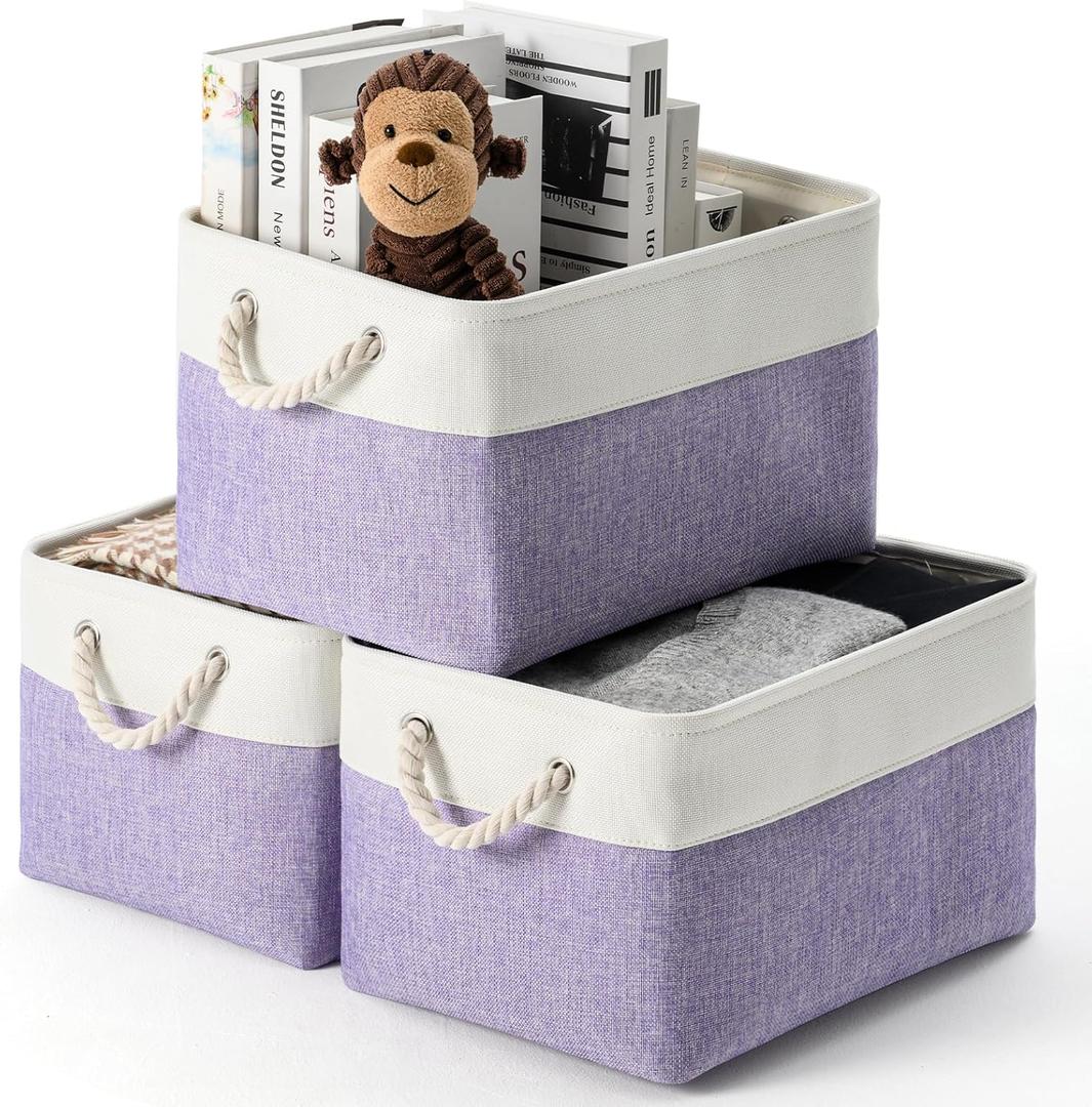 DUHEL Storage Bins 3 Pack, Fabric Storage Basket for Collapsible Medium Canvas Storage Baskets for Organizing Shelf Nursery Home Closet . (White&Purple-3PCS)