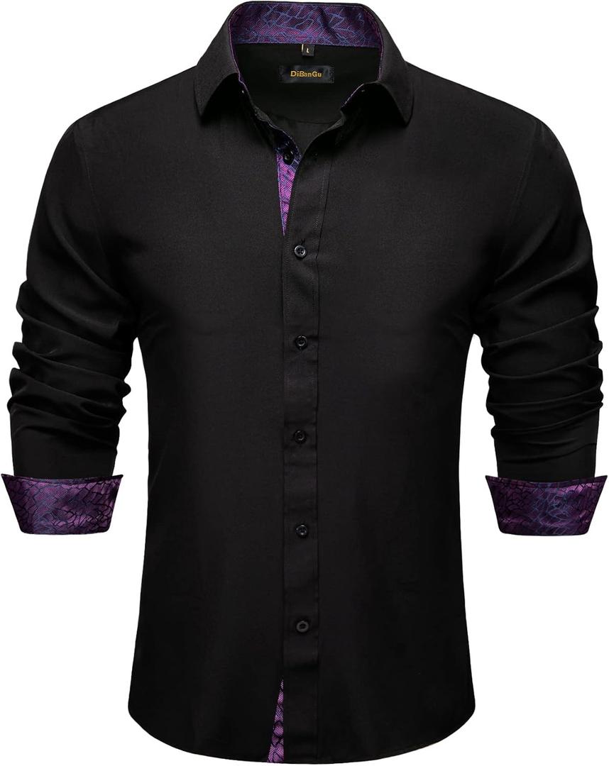DiBanGu Mens Stretch Dress Shirt Long Sleeve Button Down Shirt Cotton Business Casual Shirts with Inner Contrast Wedding Prom (X-Large, Pure Black&Purple)