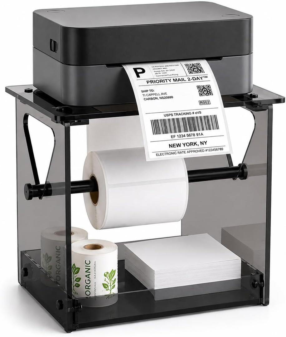 Acrylic Label Holder for Thermal Printer, 2-in-1 Desktop Stand for Fan-Fold & Roll Shipping Labels. Stable Thermal Label Roll Holder Featuring Anti-Slip Pads & Silicone Ring Limiters Office & Home