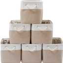 13 x 13 Inch Cube Storage Bins, 6 Pack Extra Large Collapsible Fabric Storage Bin with Ropes, Foldable Storage Cubes for Home (White & Beige-13"x13"x13")
