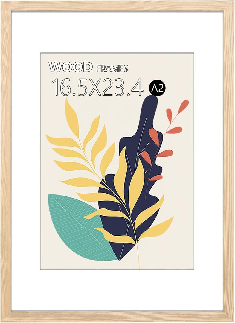 A2 Poster Frame,16.5x23.4in (42x59.4cm) Natural Wood Picture Frames with Polished Plexiglass,Easy to Hang,Display Picture A2 without Mat or A3 with Mat for Wall Mounting Horizontally and Vertically, Size: A2(16.5X23.4 in)