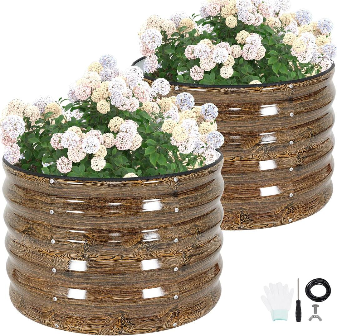 G GOOD GAIN Round Raised Garden Bed - 2Pcs 2x2x1.4ft Galvanized Steel Planter Boxes Outdoor with Rubber Edge Trim | Metal Raised Beds for Gardening Vegetables Flowers Fruits Herbs (Wood Grain)
