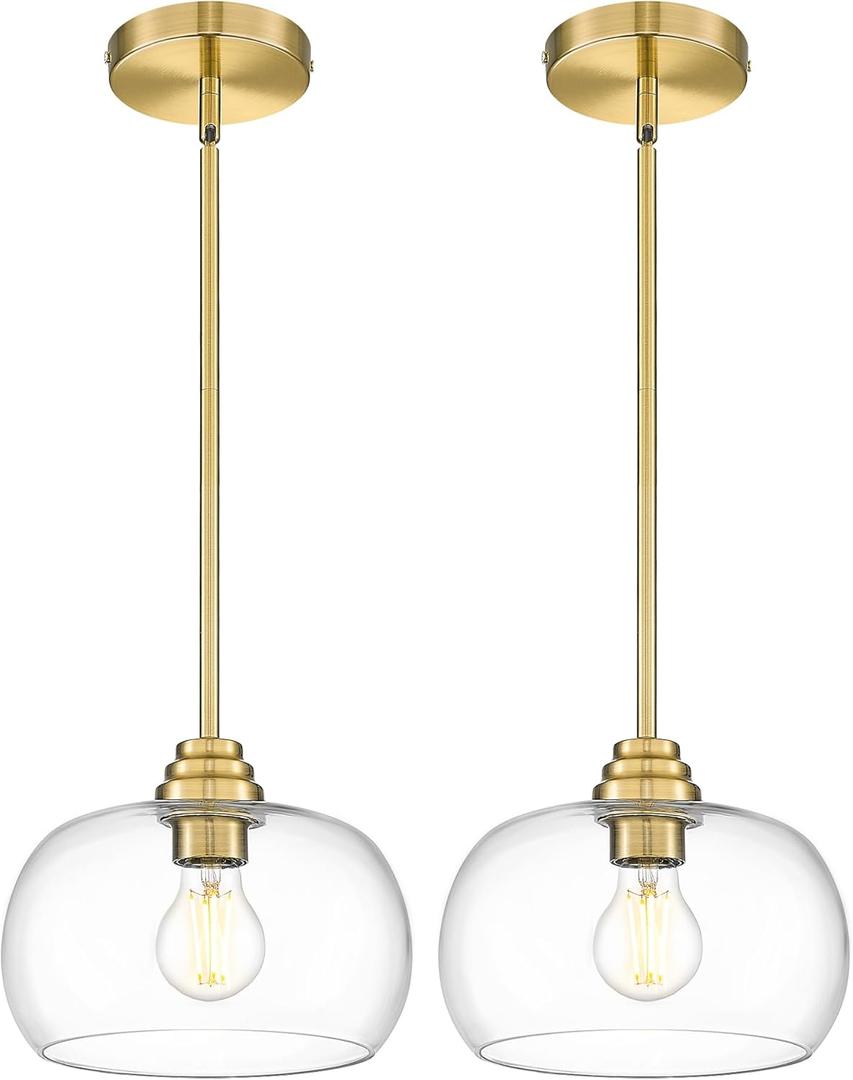 AUTELO 2 Pack Gold Pendant Lights, Glass Pendant Lights Kitchen Island with Clear Drum Glass, Industrial Pendant Ceiling Lights with Adjustable Rods for Kitchen Dining Room Bar, H9385 BG-R-2PK