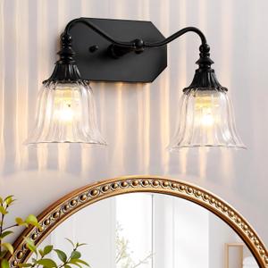 Bathroom Vanity Light Fixture, 2 Lights Bathroom Lighting Matte Antique Brass Finish with Crystal Glass Shade, Vintage Vanity Light for Bathrooms (Black)