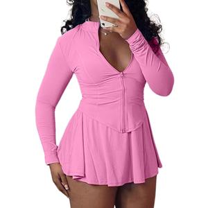 Adogirl Womens Sexy Flared Tennis Skirt Sets Slim Zip Up Jacket 2 Piece Outfits Athletic Matching Mini Dress with Shorts (XXL, Pink)