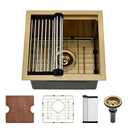PEPO Gold Bar Sink - 15 x 15 Undermount Sink Gold Mini 16 Guage Stainless Steel Small Sinks RV Kitchen Workstation with Cutting Board & Drain Assembly