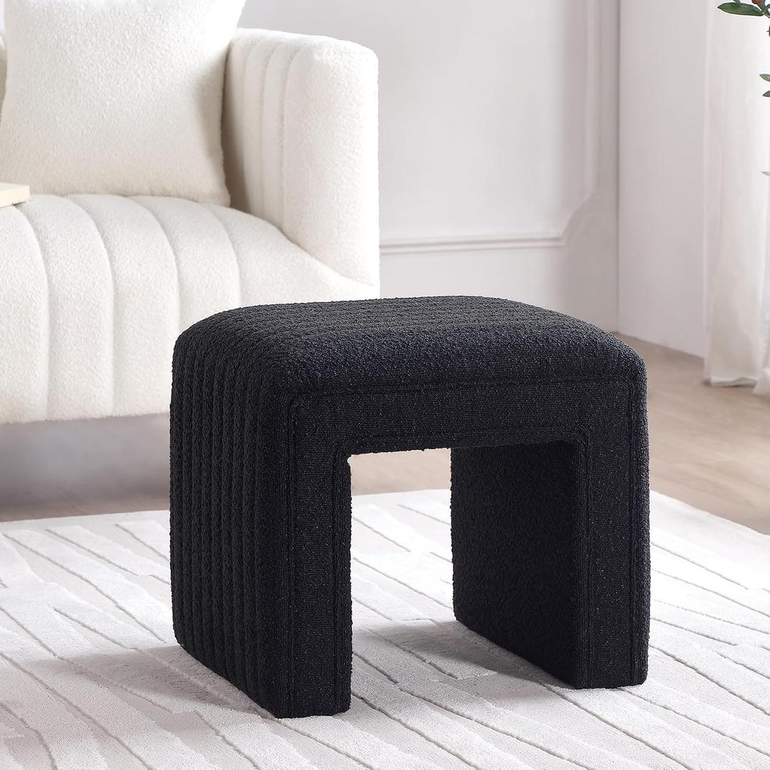 Get Set Style Vanity Stool Chair, Fully Assembled Modern Boucle Ottoman Footstool with Wooden Legs, Multifunctional Upholstered Sofa Bench Extra Seat for Makeup Room Living Room Entryway Office, 20.1"D x 16.9"W x 17.7"H