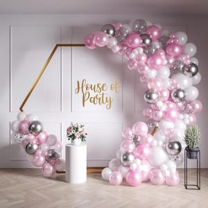 HOUSE OF PARTY Pink and White Balloons Garland Kit 158 Pcs - Pink, Silver Metallic, Silver Confetti Balloon Arch | White and Hot Pink Birthday Decorations and Party Supplies