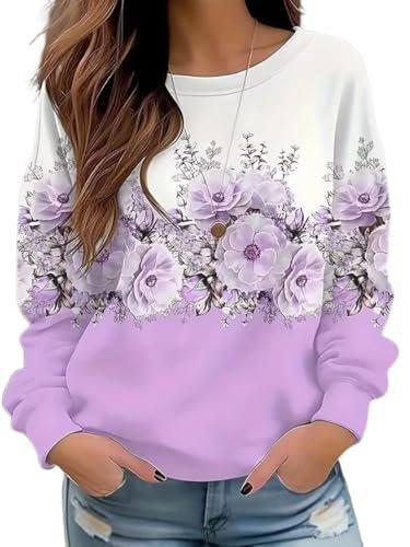 Euoehody Floral Printed Sweatshirt Womens Boho Flowers O-Neck Pullover Tops Garden Lovers Vaction Long Sleeve Shirts （X-Large,Purple