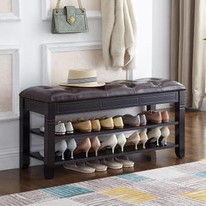 Shoe Storage Bench with Cushion, Entry Bench with Storage Solid Wood Shoe Bench Ideal for Entryway Living Room and Corridor (Black, 39.4'')