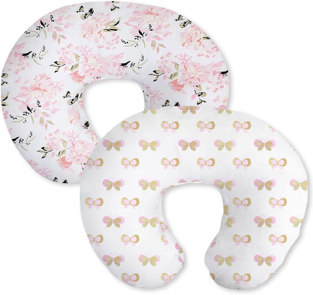 Little Grape Land Nursing Pillow Covers 2 Pack, Soft & Breathable Removable Breastfeeding Pillows Covers for Feeding Pillows, Nursing Pillow Slipcover for Baby Girls Boys, (Butterfly & Floral)