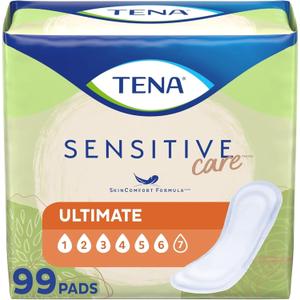 TENA Incontinence Pads, Bladder Control & Postpartum for Women, Ultimate Absorbency, Extra Coverage, Long, Sensitive Care, 99 Count (Regular)