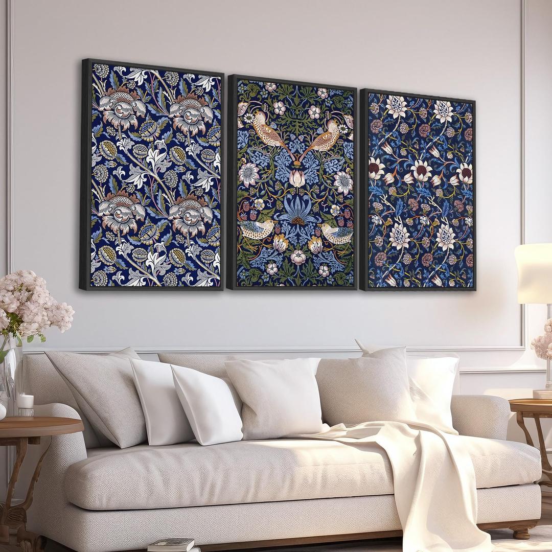 Large Framed Flower Wall Art, William Morris Blue Green Floral, 20"x28"x3
