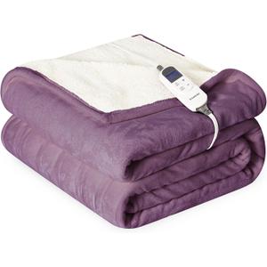 Heat Blanket 50x60 Throw, Soft Flannel & Sherpa Reversible Electric Blanket with 10 Heat Settings,12 Timer Setting and 3 Hours Auto-Shut Off, ETL Certified Machine Washable, Purple