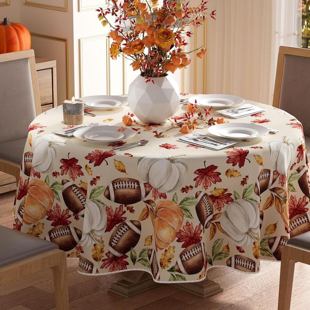 XCHI Fall Pumpkin Football Maple Leaves Tablecloth Round Washable Table Covers for Home Party Decorations 60x60 Inch