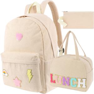 Kolewo4ever 3 Pieces Corduroy School Backpack Set Preppy Book Corduroy Chenille Letter Bookbag with Lunch Bag and Pencil Pouch for Teen Girls Women Laptop Backpack College Bookbags (Beige)